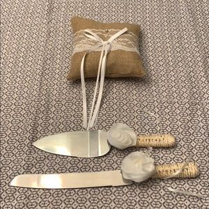 Rustic Wedding  - Ring Pillow and Cake Serving Set
